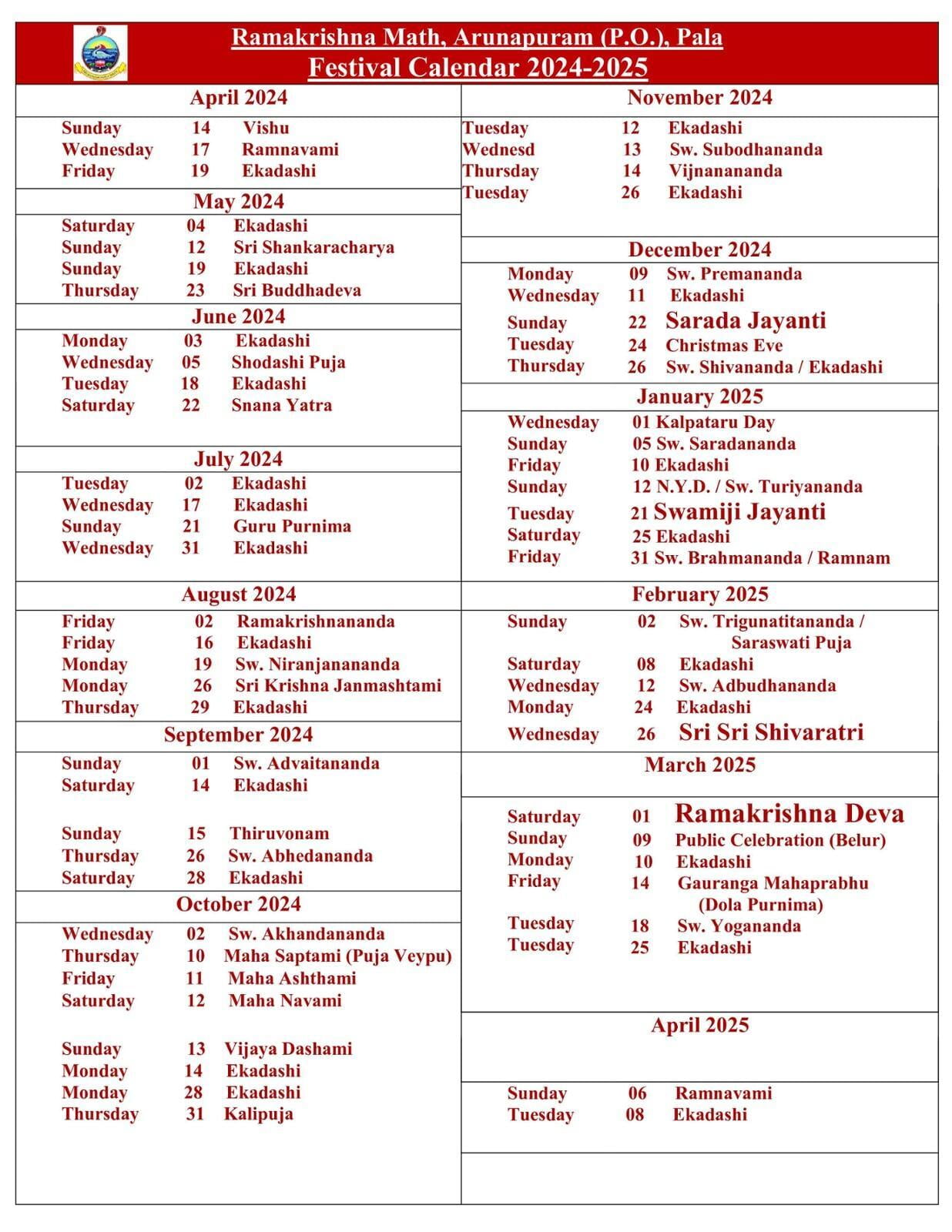 Festival Calendar Ramakrishna Math, Pala